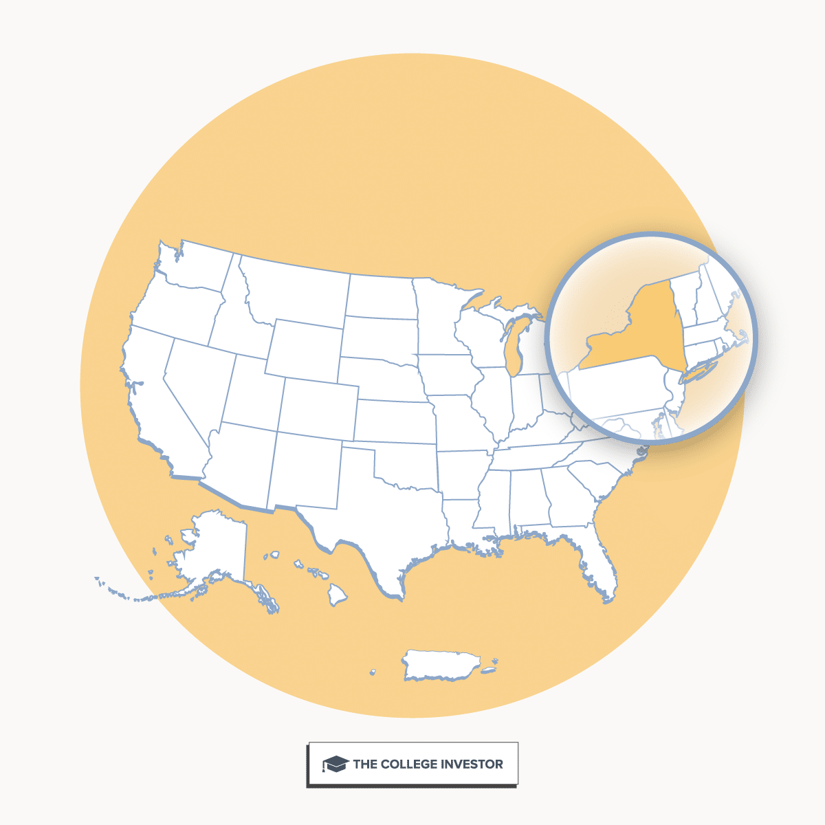 CollegeInvestor_1200x1200_Infographic_ 50 + 2 Individual State Call Outs_New York New York Student Loan And Financial Aid Programs