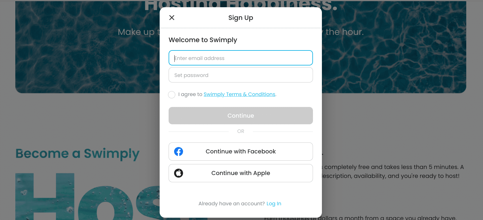 Swimply account opening Screenshot of Swimply's registration pop-up