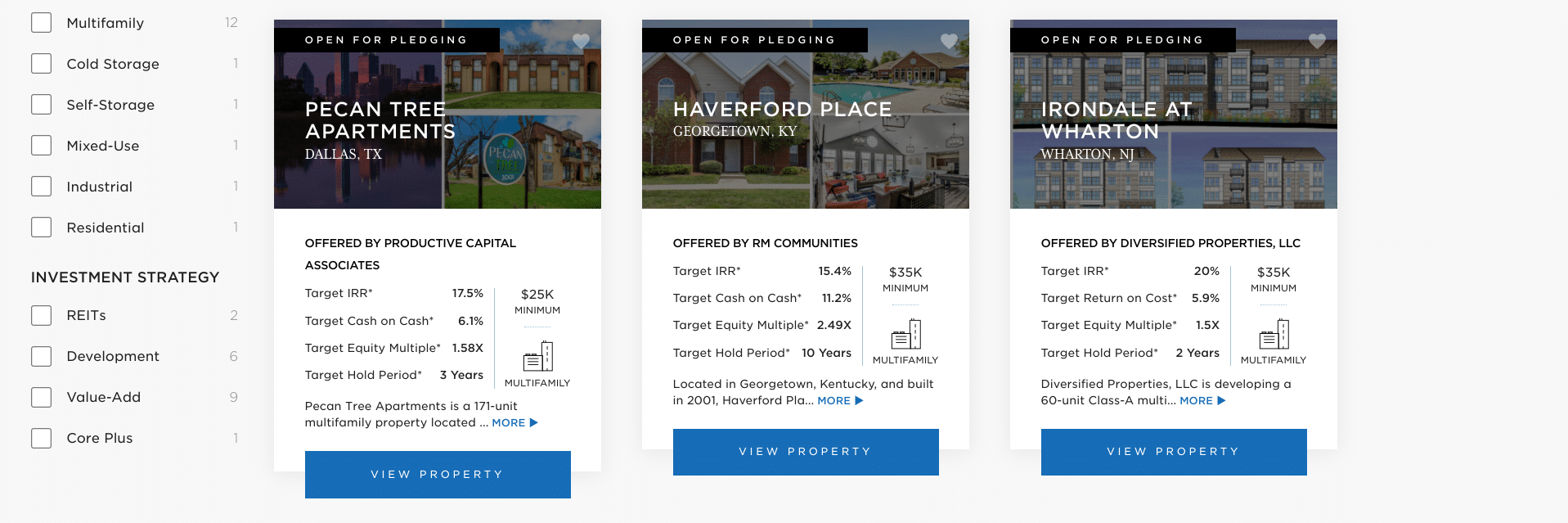 Screeenshot of RealtyMogul's offerings that are open for pledging RealtyMogul Review: real estate listings