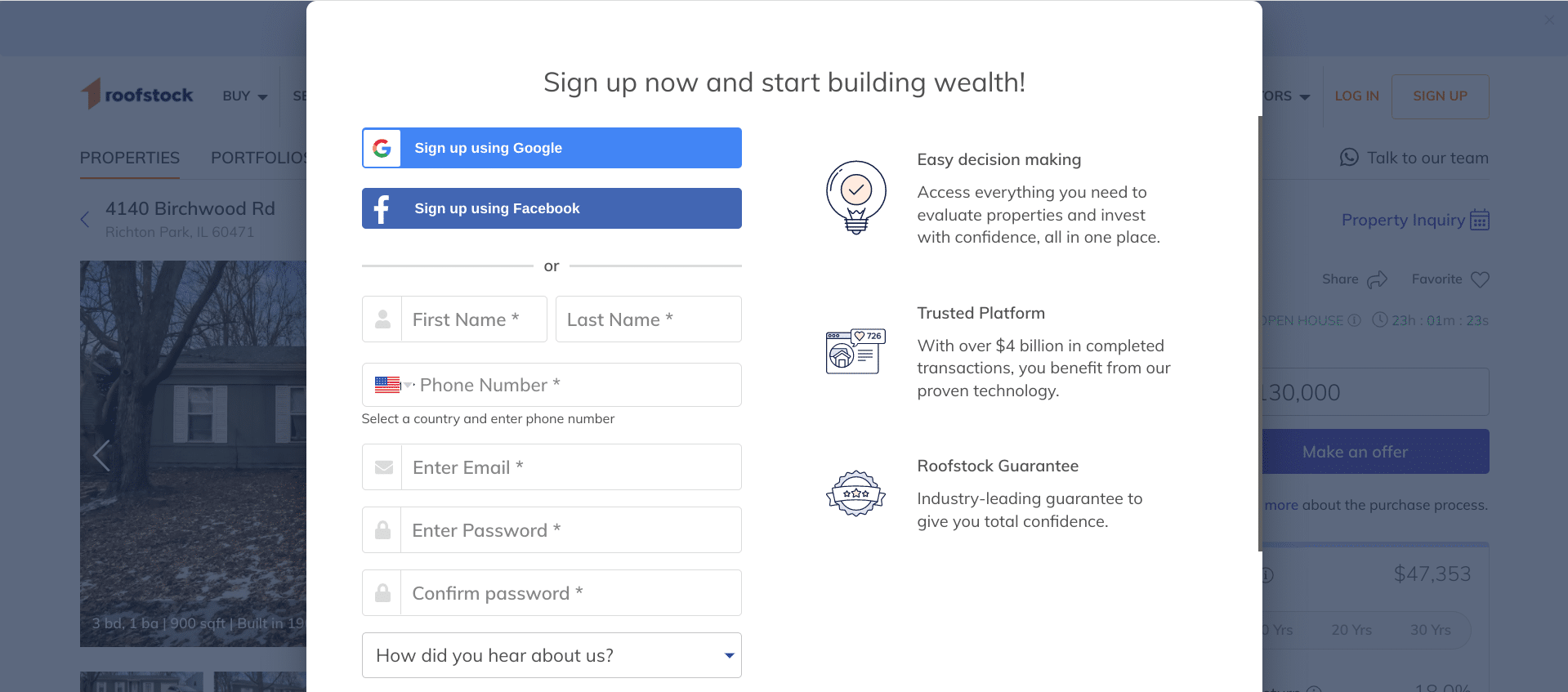 Screenshot of the Roofstock sign-up screen Screenshot of the Roofstock sign-up screen